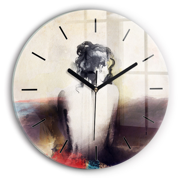 Round glass clock Abstract portrait of a woman