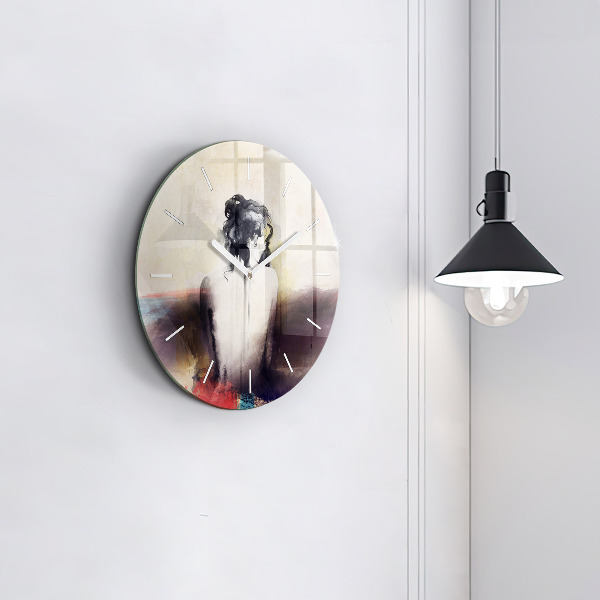 Round glass clock Abstract portrait of a woman