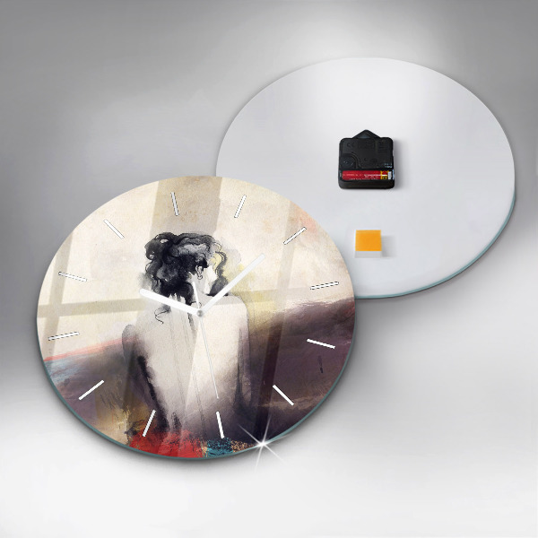 Round glass clock Abstract portrait of a woman