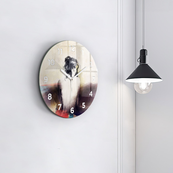 Round glass clock Abstract portrait of a woman