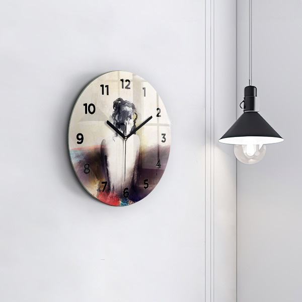 Round glass clock Abstract portrait of a woman