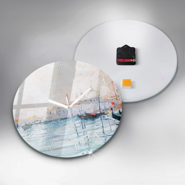 Round glass clock Oil painting yacht sea