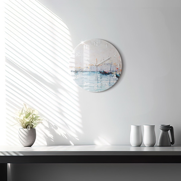 Round glass clock Oil painting yacht sea
