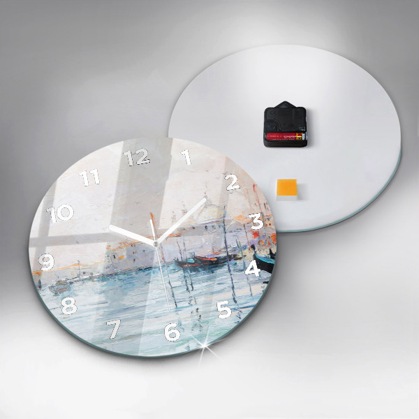Round glass clock Oil painting yacht sea