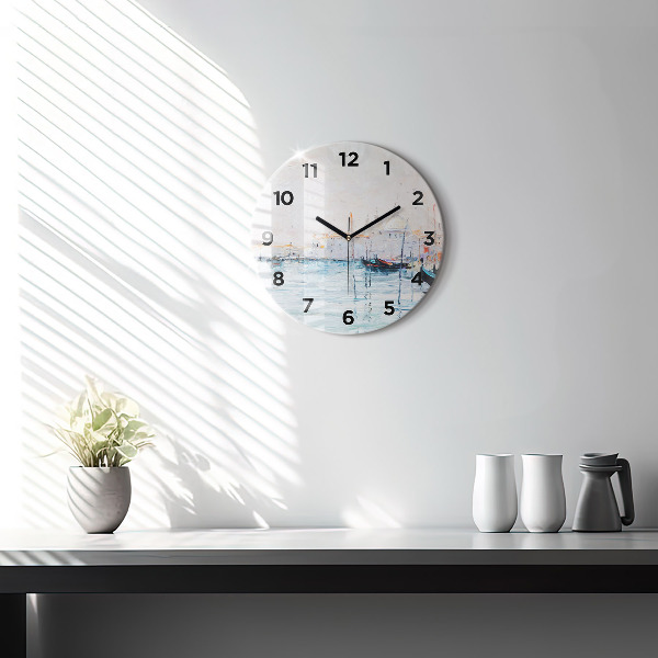 Round glass clock Oil painting yacht sea
