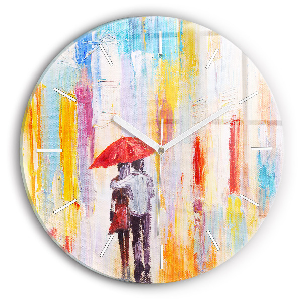 Round glass clock Couple in the rain