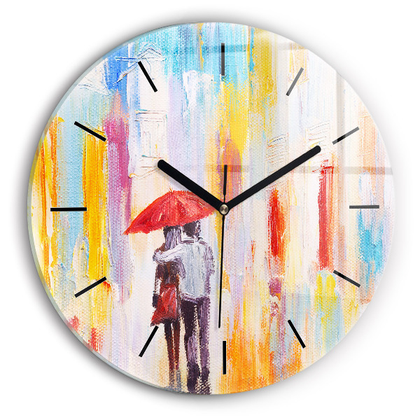 Round glass clock Couple in the rain