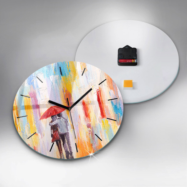 Round glass clock Couple in the rain
