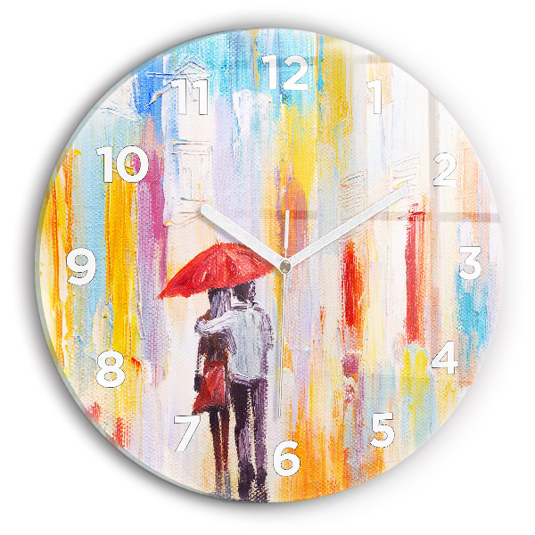 Round glass clock Couple in the rain