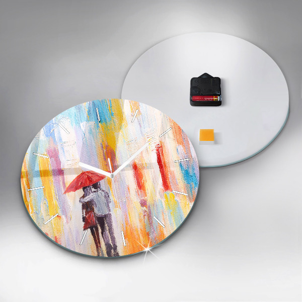 Round glass clock Couple in the rain