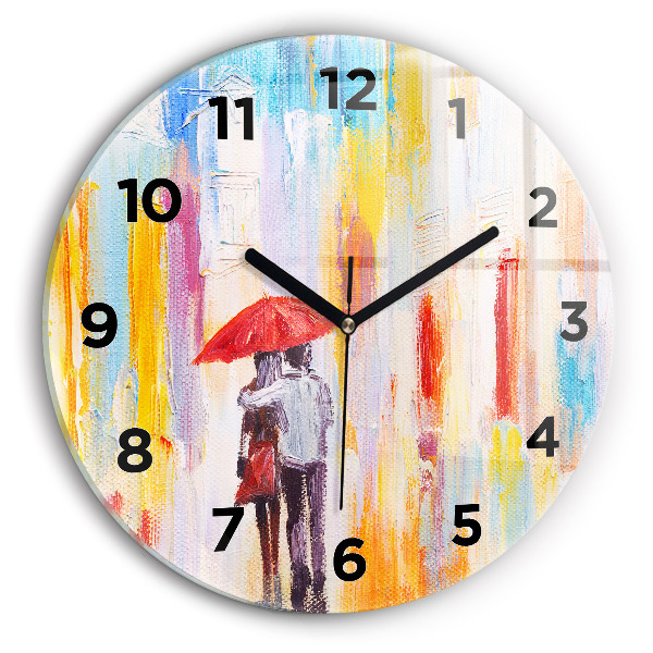 Round glass clock Couple in the rain