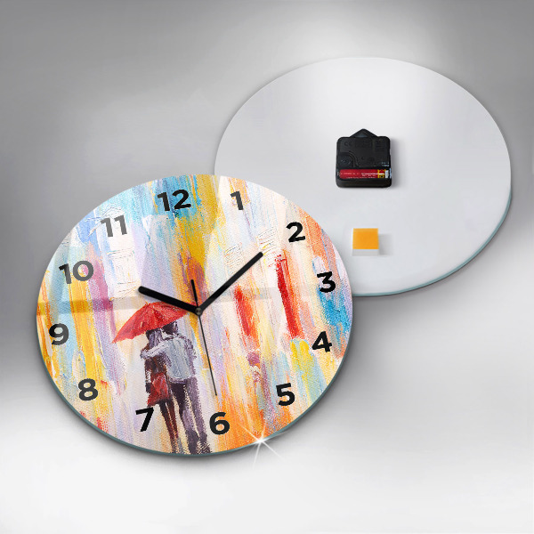 Round glass clock Couple in the rain