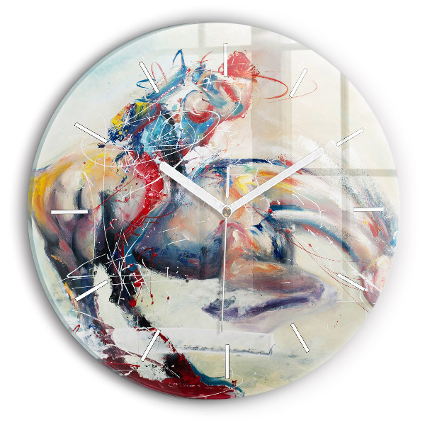 Round glass clock Illustration of galloping horses