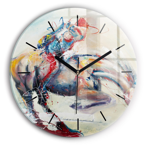 Round glass clock Illustration of galloping horses