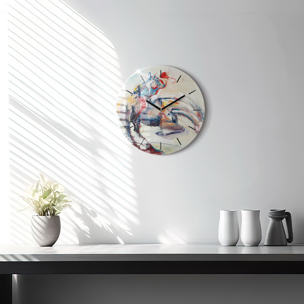 Round glass clock Illustration of galloping horses