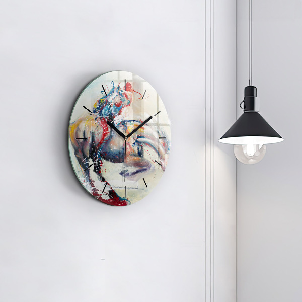 Round glass clock Illustration of galloping horses