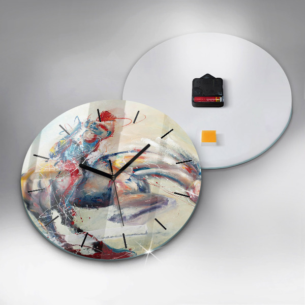 Round glass clock Illustration of galloping horses