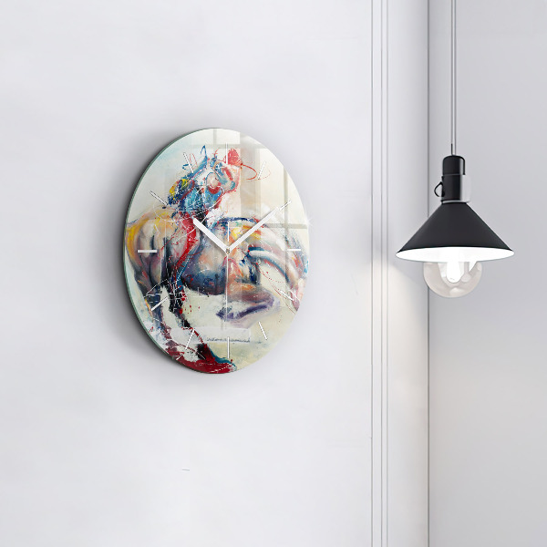 Round glass clock Illustration of galloping horses