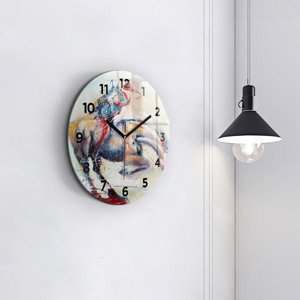 Round glass clock Illustration of galloping horses