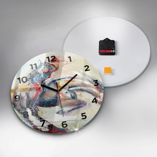 Round glass clock Illustration of galloping horses