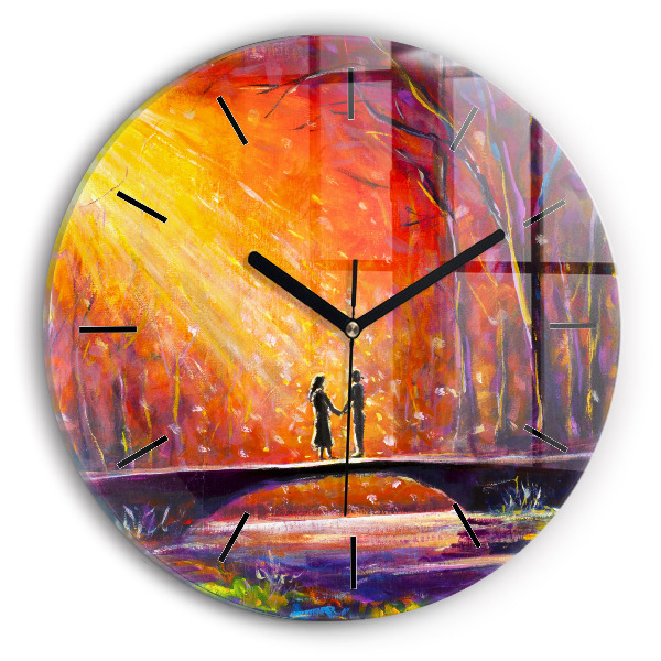 Round glass clock Couple in the forest