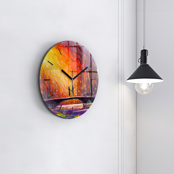 Round glass clock Couple in the forest
