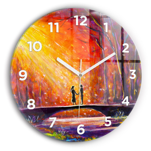 Round glass clock Couple in the forest