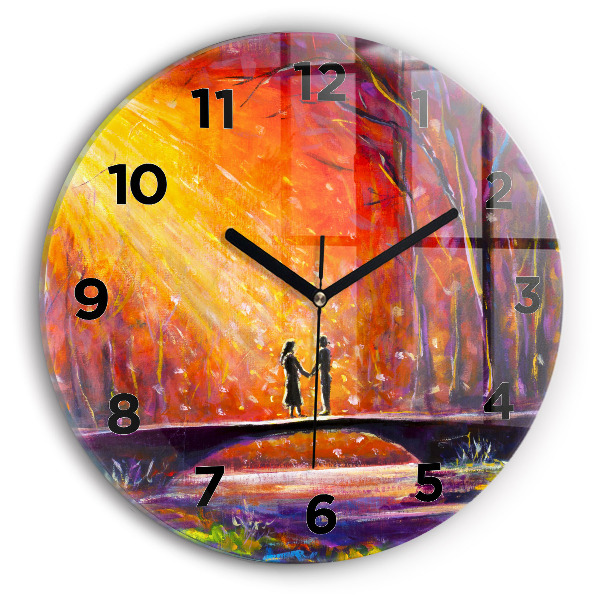 Round glass clock Couple in the forest