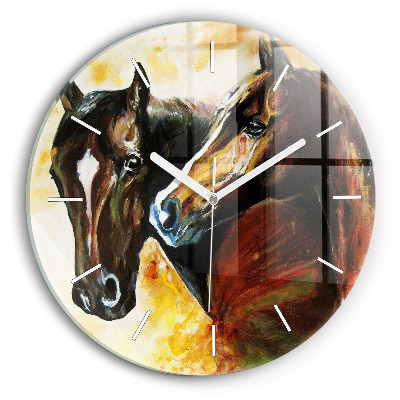 Round glass clock Two painted horses