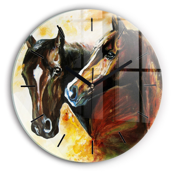 Round glass clock Two painted horses