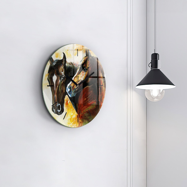 Round glass clock Two painted horses