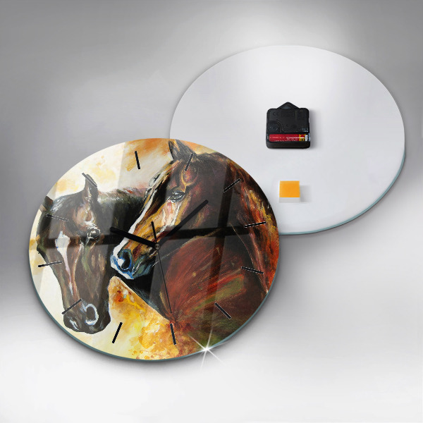Round glass clock Two painted horses