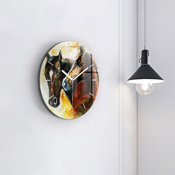 Round glass clock Two painted horses