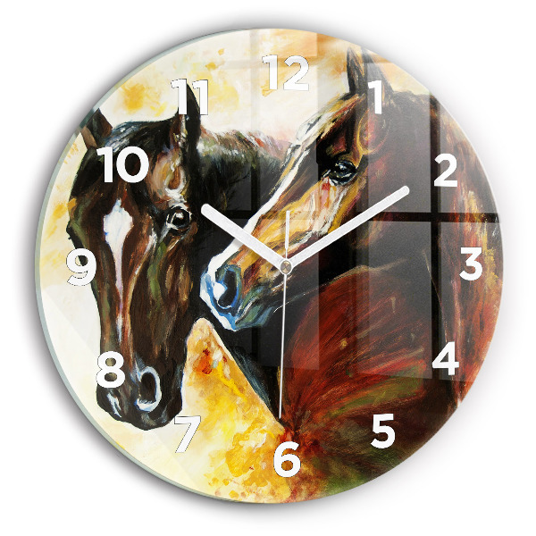 Round glass clock Two painted horses