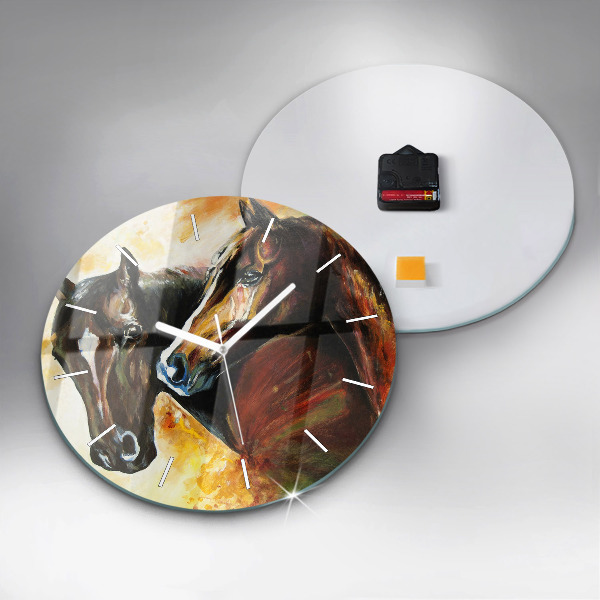 Round glass clock Two painted horses