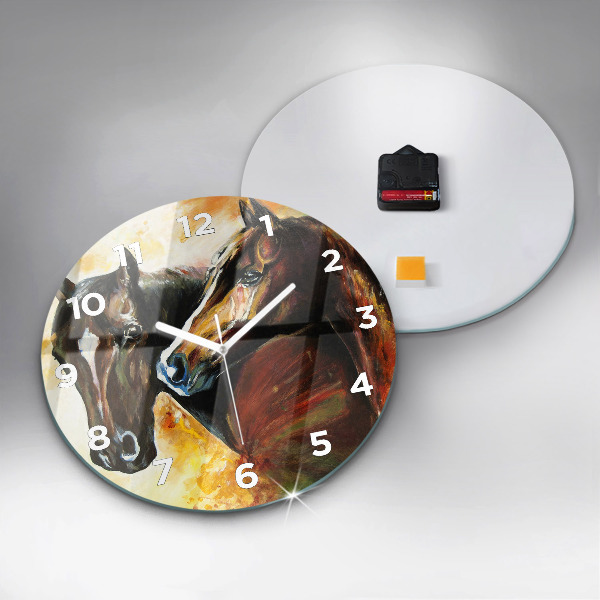 Round glass clock Two painted horses