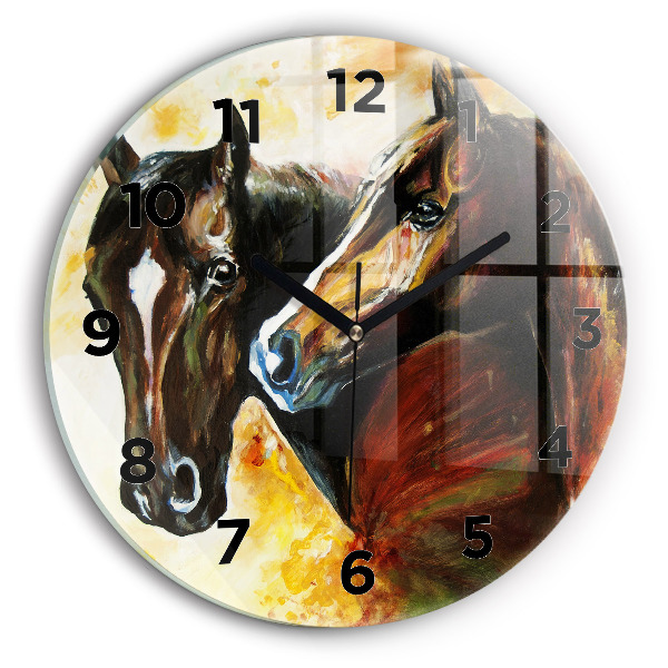 Round glass clock Two painted horses