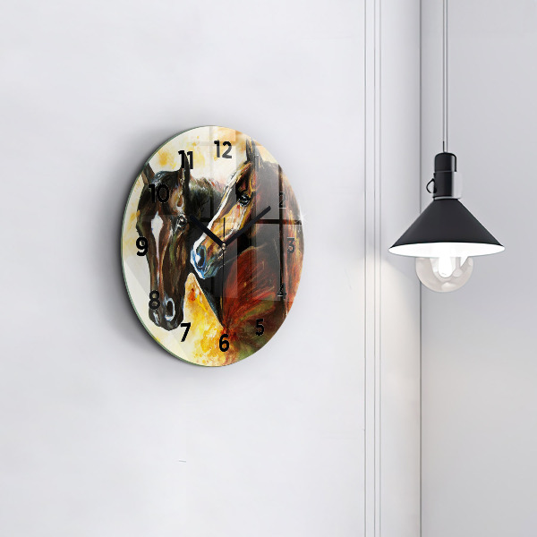 Round glass clock Two painted horses