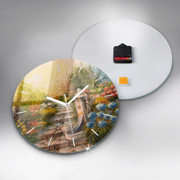 Round glass clock Oil composition in the forest