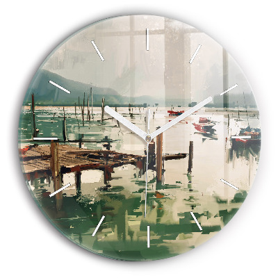 Round glass clock Fishing boats in the port