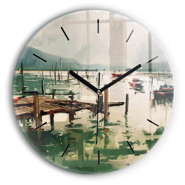 Round glass clock Fishing boats in the port