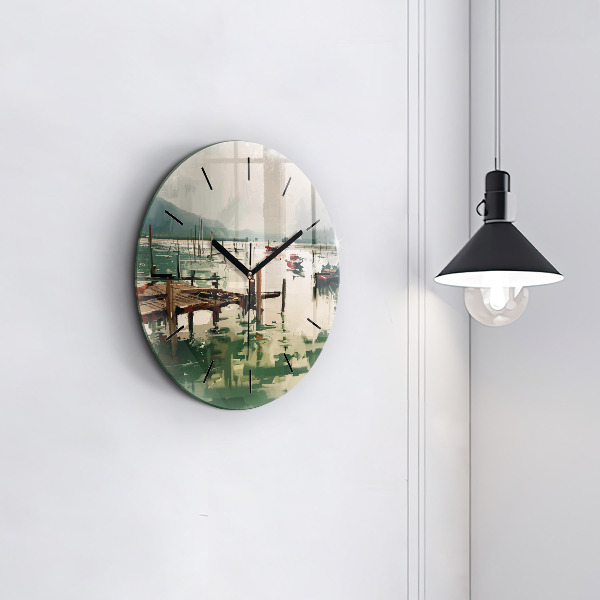 Round glass clock Fishing boats in the port