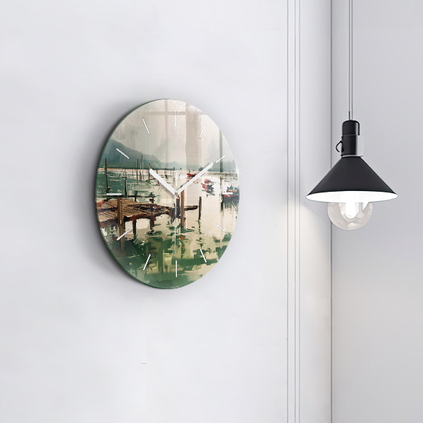 Round glass clock Fishing boats in the port