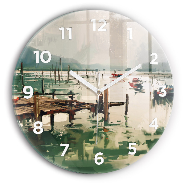 Round glass clock Fishing boats in the port