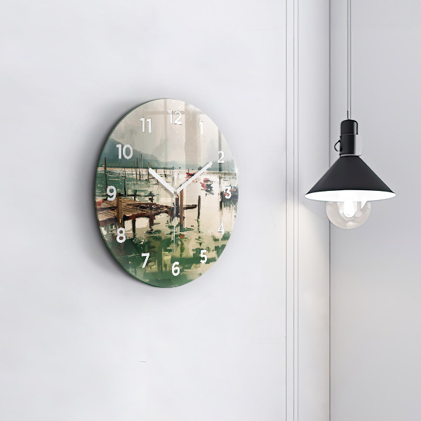 Round glass clock Fishing boats in the port