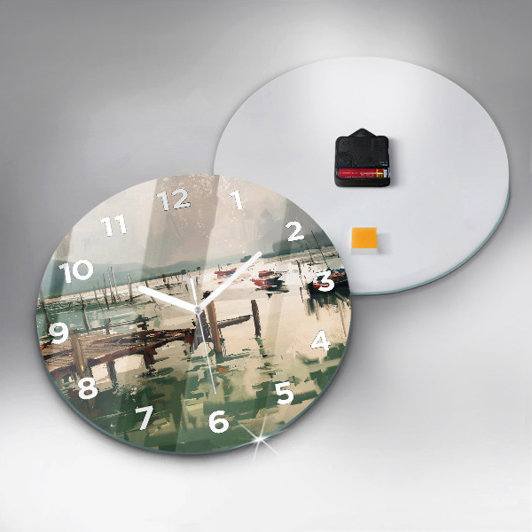 Round glass clock Fishing boats in the port