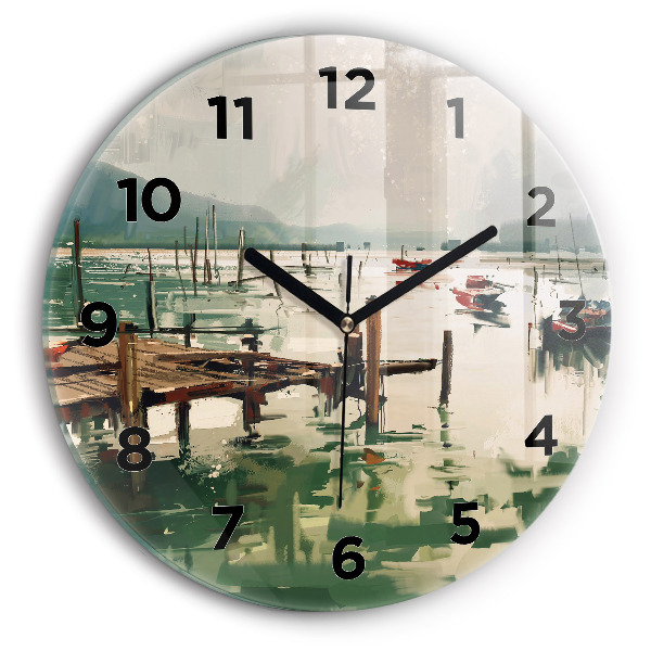 Round glass clock Fishing boats in the port