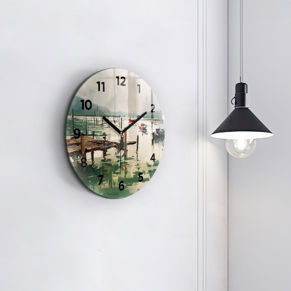 Round glass clock Fishing boats in the port