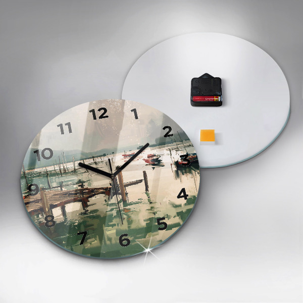Round glass clock Fishing boats in the port
