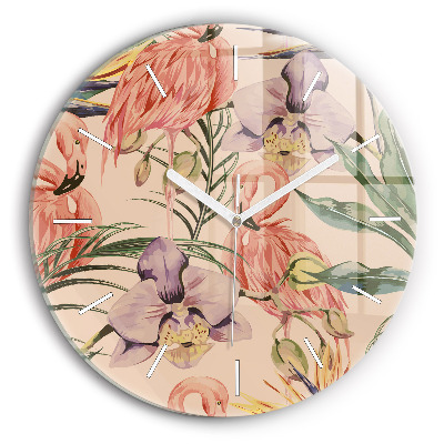Round glass clock Tropical palm leaves